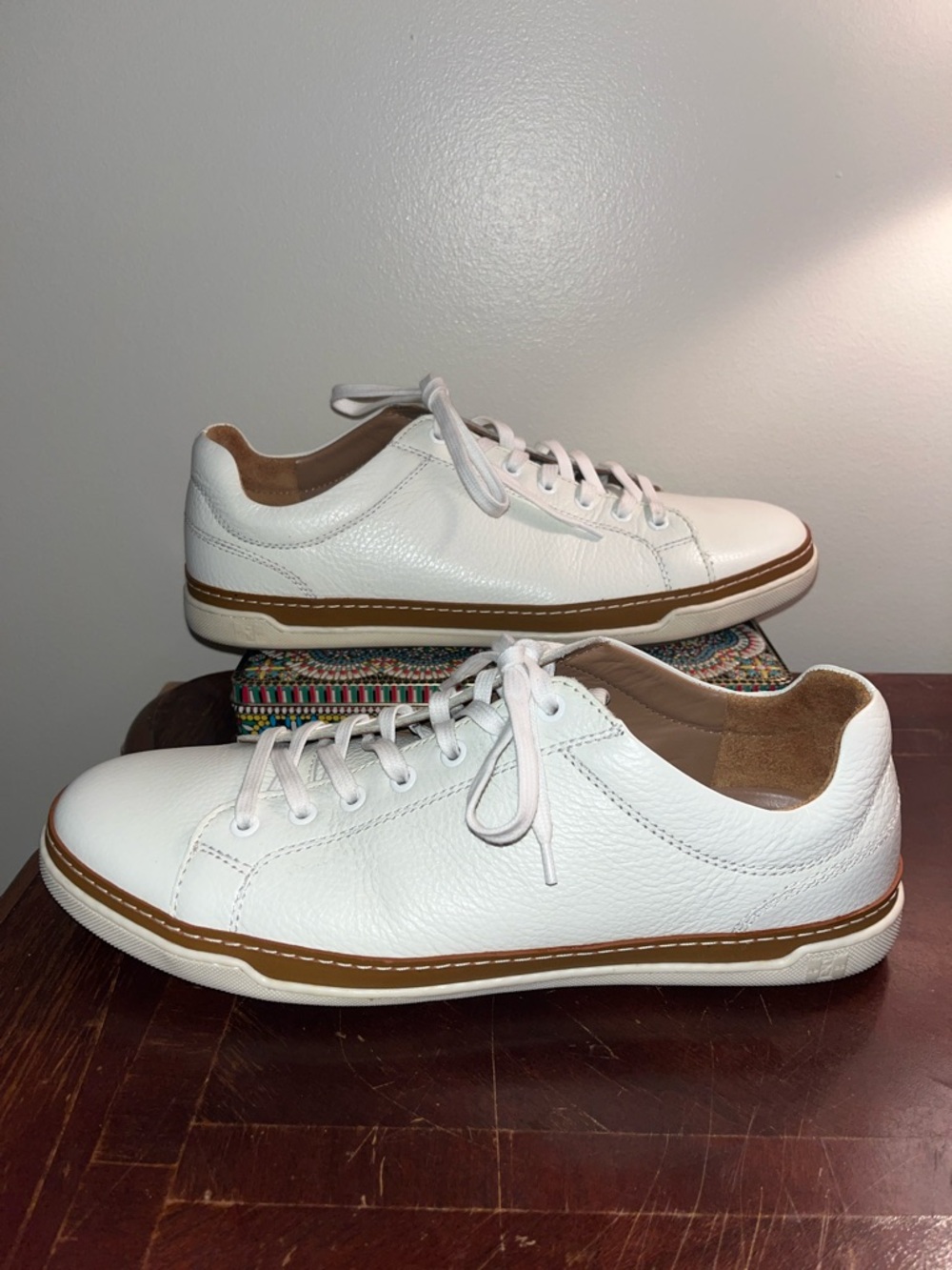 Allen Edmonds White Leather Sneakers with Tan Trim
